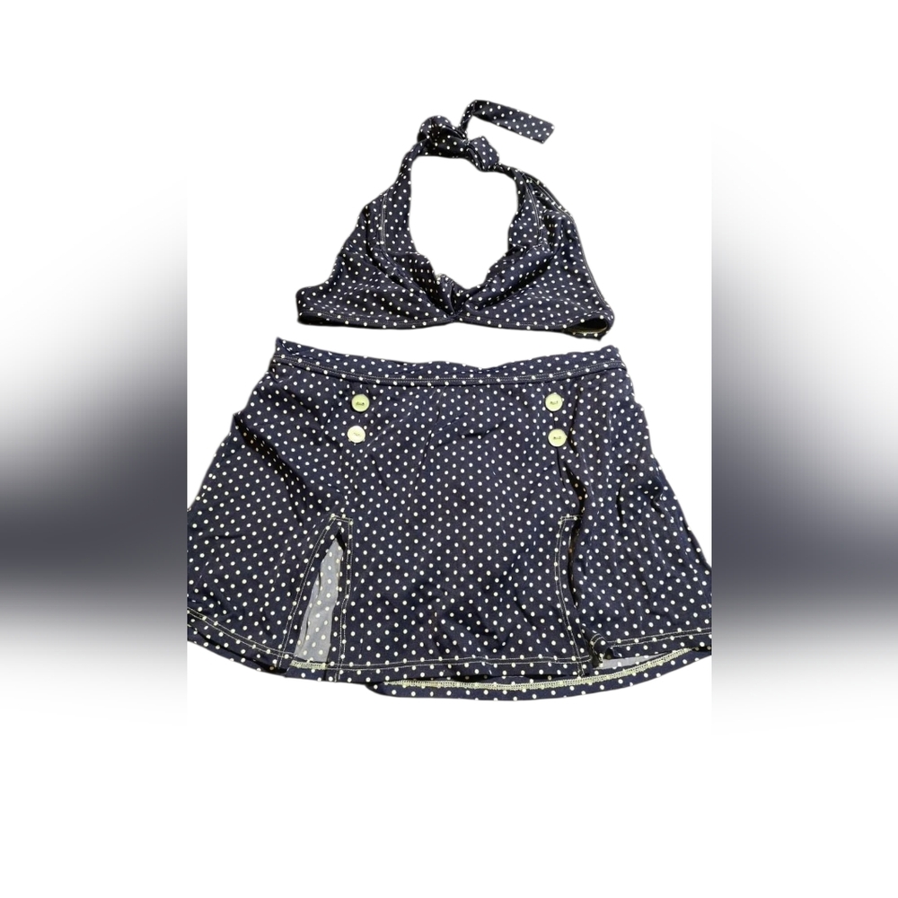 Vintage Navy Polka Dot Halter Top and Skirt Swim Set Size 14